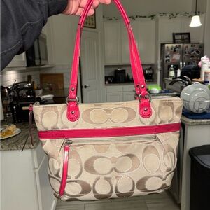 Coach Beige Signature Canvas Tote with Pink Trim